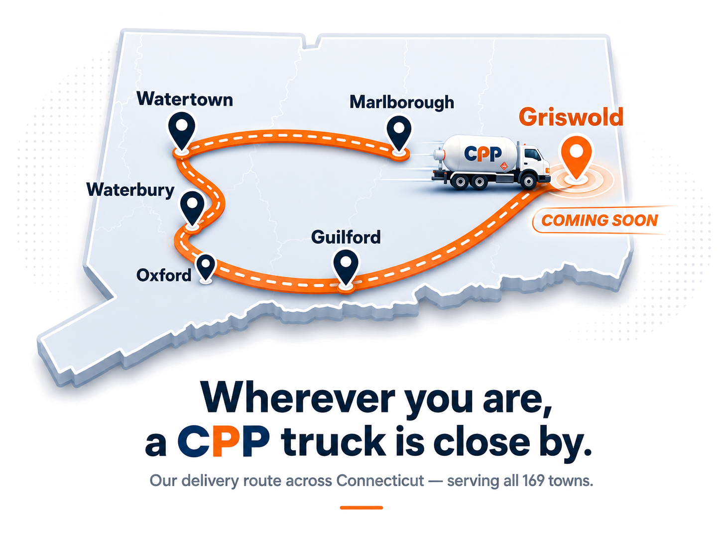 Map of Connecticut showing CPP's delivery route through Marlborough, Watertown, Waterbury, Oxford, and Guilford, with a CPP propane tanker truck on the road and the Griswold location marked Coming Soon. Wherever you are, a CPP truck is close by - our delivery route across Connecticut, serving all 169 towns.