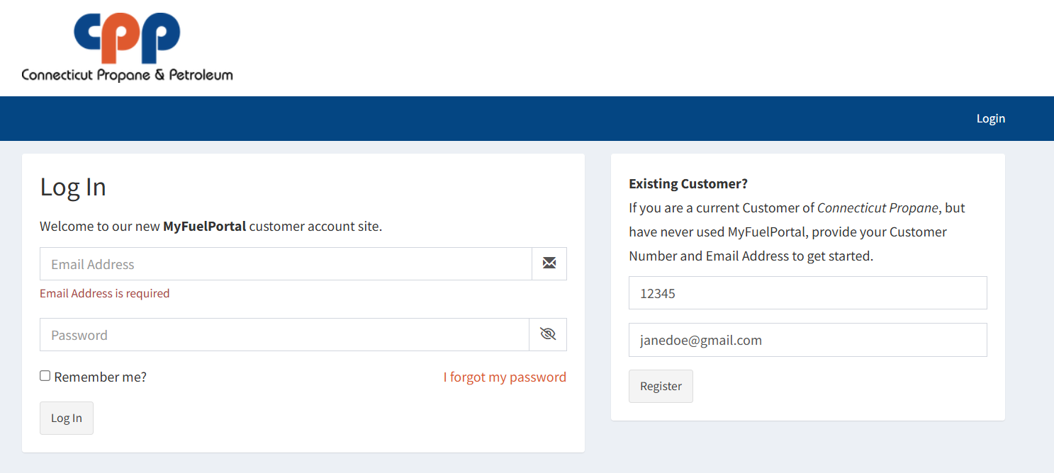 MyFuelPortal Login page with the Existing Customer Account Number and Email Address fields filled in