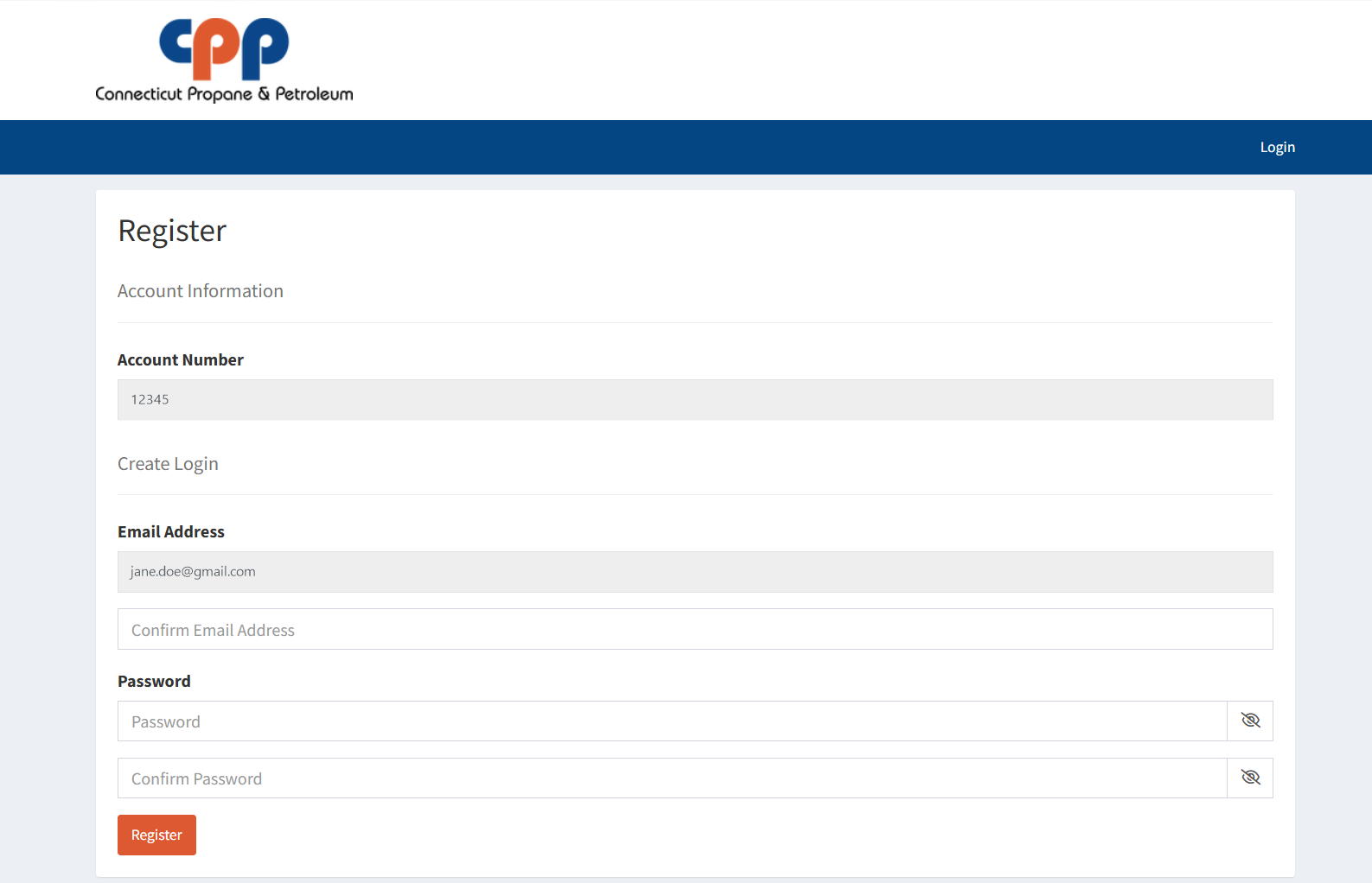MyFuelPortal Register page with Account Number and Email Address filled in, ready to set a password