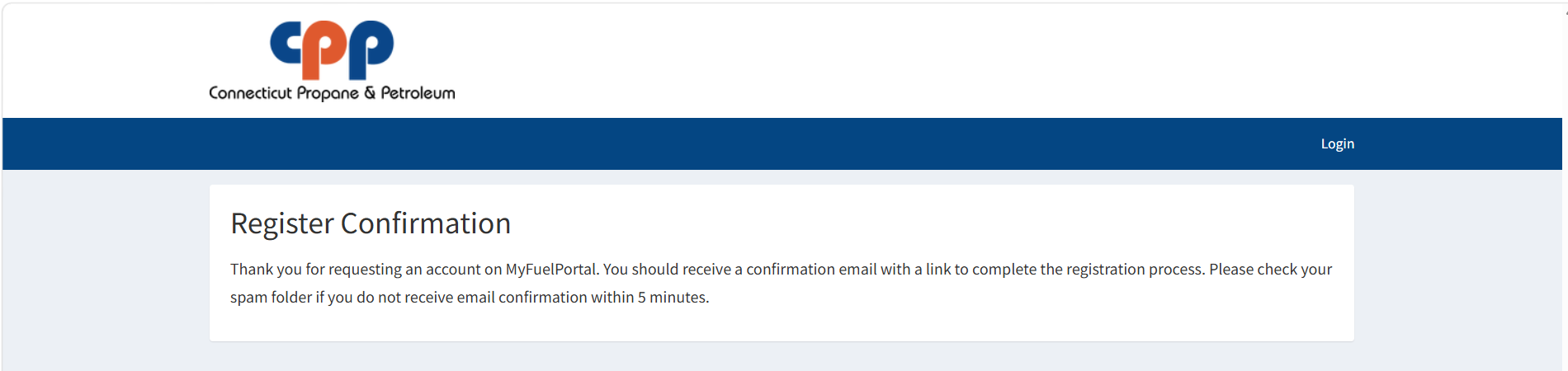 MyFuelPortal Register Confirmation page letting you know a confirmation email is on its way