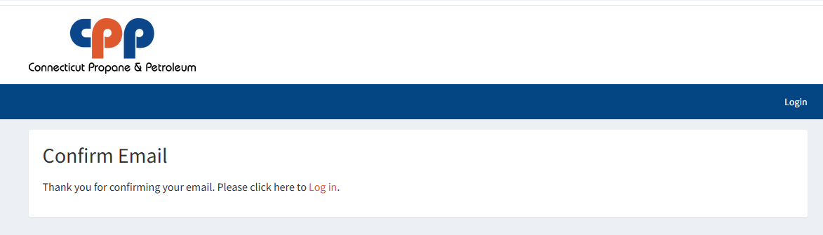 Confirm Email page thanking you for confirming your email with a Log in link