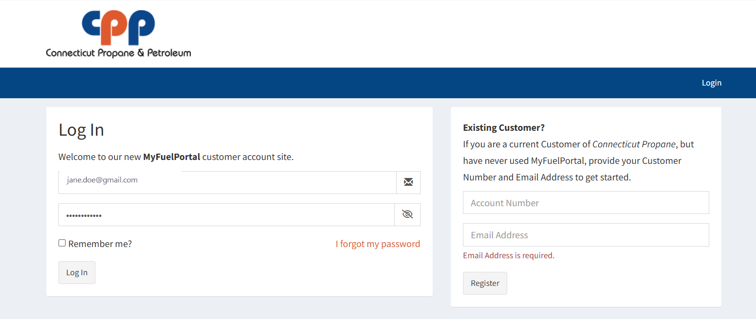 MyFuelPortal Log In page with email address and password fields