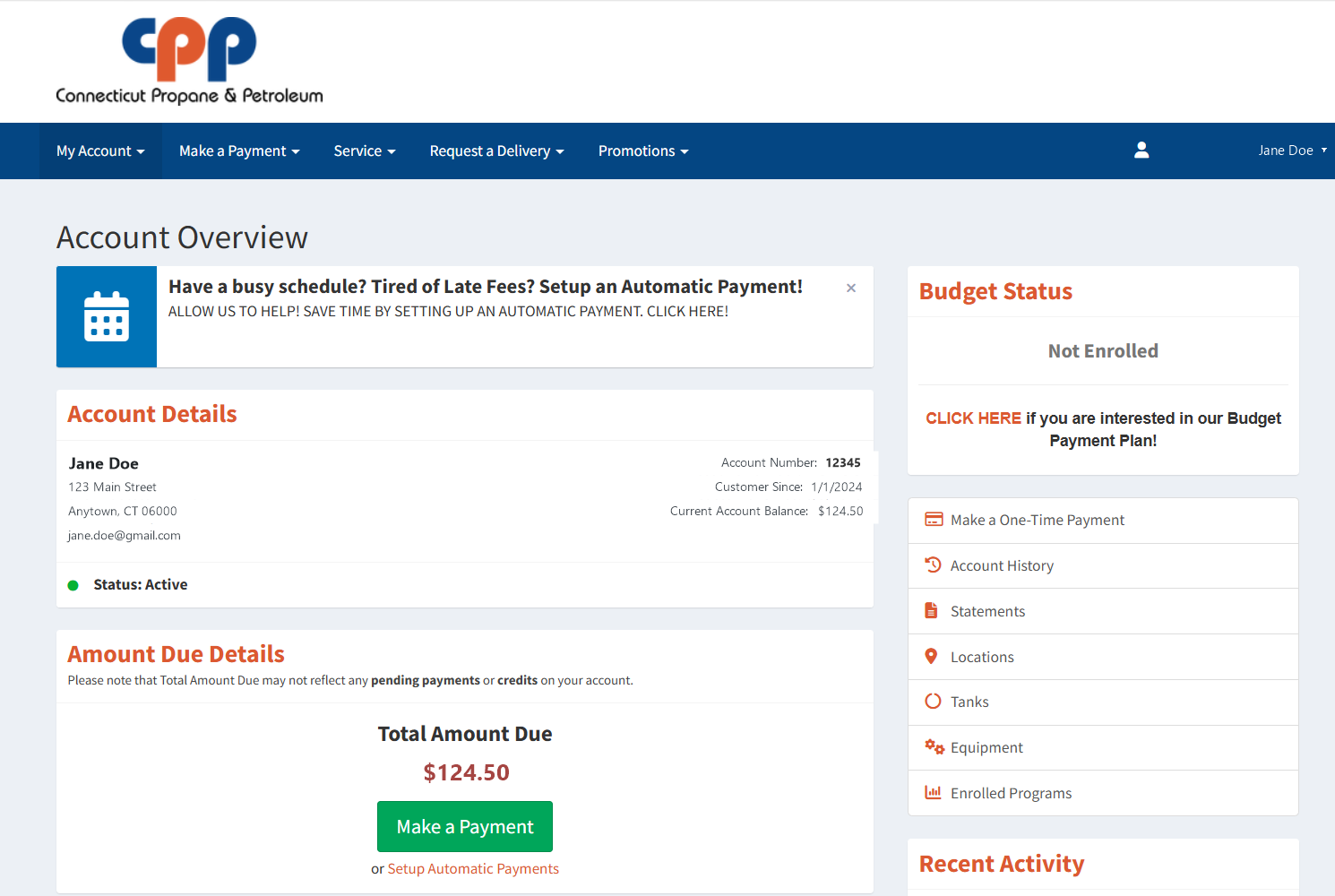 MyFuelPortal Account Overview dashboard showing account details, balance, and quick links